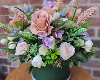 Flowers dark green hat box artificial flower arrangement birthday anniversary vintage pink Bridgerton