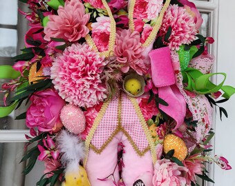 Easter bunny wreath pink cerise bunny legs ears large wreath florals fun