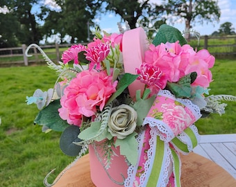 Flower arrangement pink gift present centrepiece hat box artificial flowers Spring Summer Birthday Anniversary Thank you Retirement