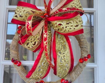 Gold and red wreath Christmas wreath diamante jewels gems