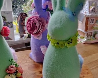 Easter bunny flocked Easter decoration green pink lavender cream