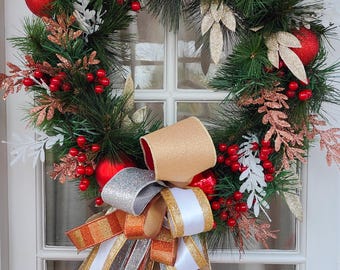 Christmas wreath large copper gold silver white red evergreen faux artificial 64cm