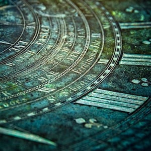 Sun Dial Photograph, Father Time, England, Oxydized Copper Metal, Abstract Photography Print.