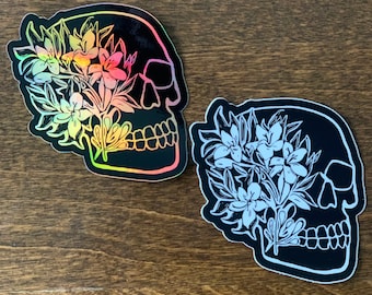 Azalea Flowers on a Skull Holographic & Die Cut Vinyl Stickers