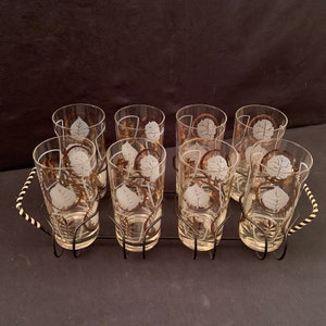 Libbey Highball Glasses Set: Mid-Century Gold Frosted Leaf Barware with Carrier