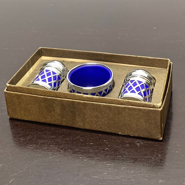 Set of Pierced Chrome Salt & Pepper Shakers and Sugar Bowl with Silver Plastic Cobalt Blue Inserts!
