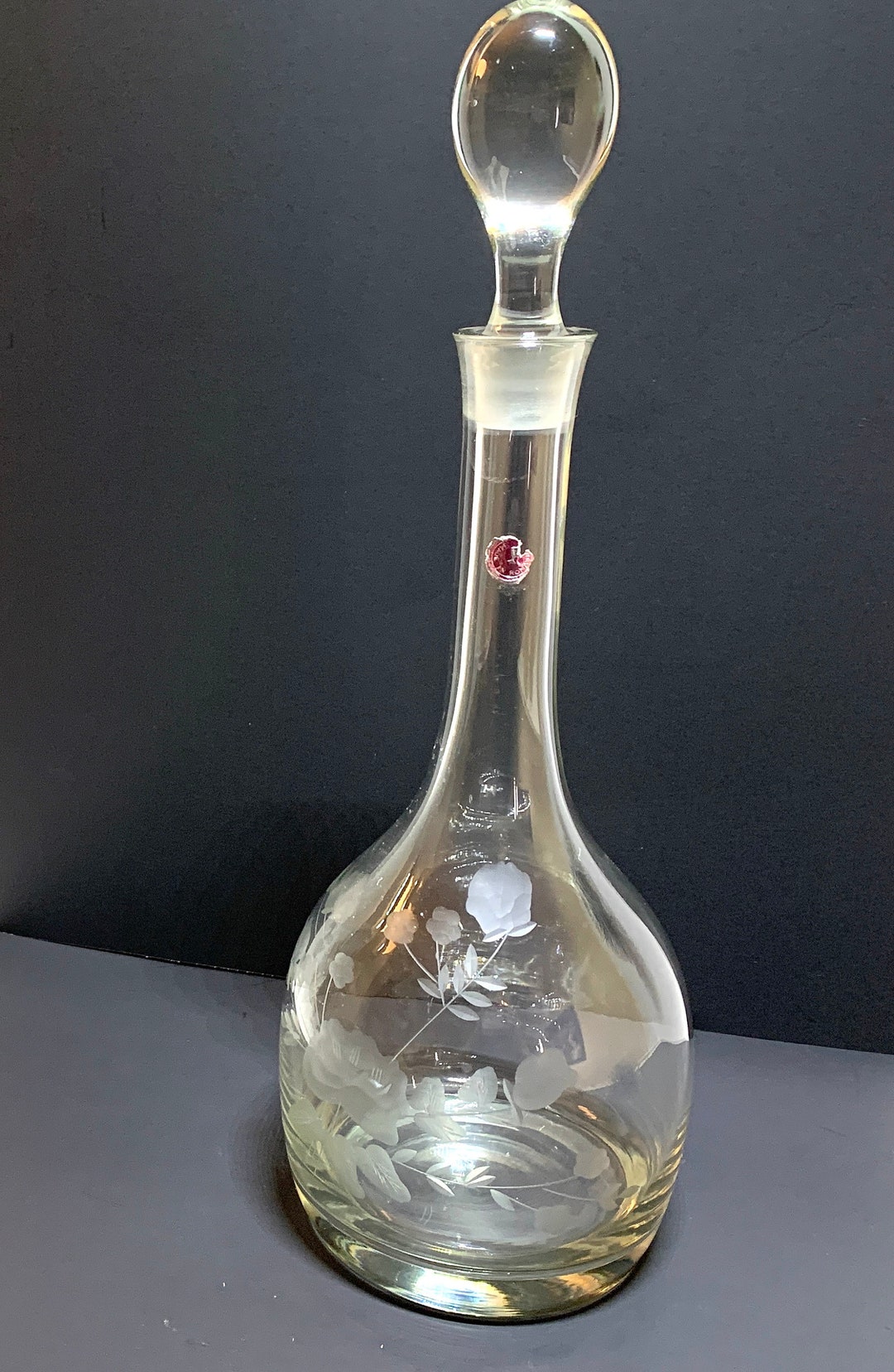 Large Crystal Decanter With Etched Floral Design Romanian Etsy