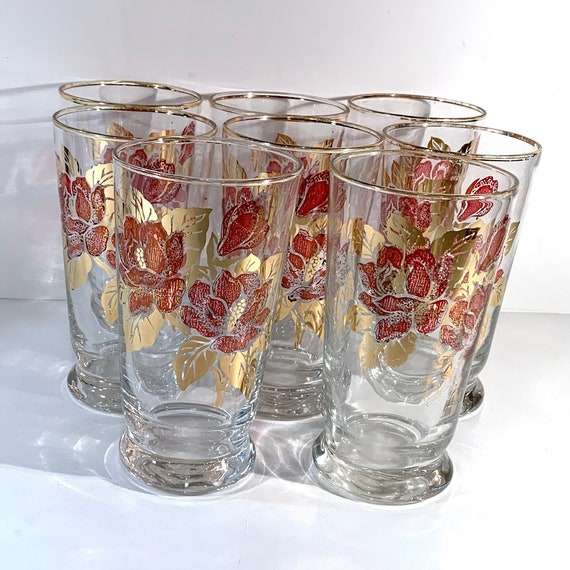 Libbey Glass Set of Eight Water Glasses With Red Roses & Gold 