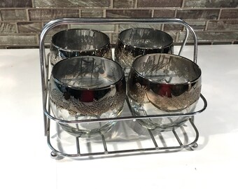 Bar Glasses 4 Roly Poly Silver Trim Low Ball Glasses with Chrome Carrier, Mid Century, Retro Bar Ware