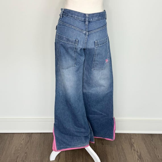 2000s Rave Style Pink Mesh Detail Flare Denim Jeans - Gem
