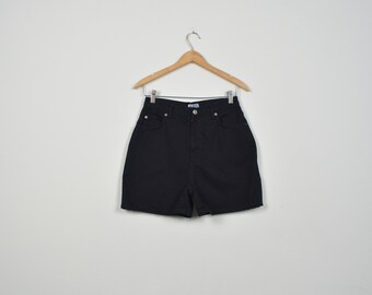 May include: Black denim shorts with a high waist and a button fly.