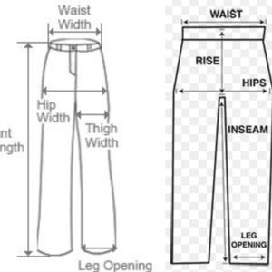 Op de afbeelding: Diagram met de afmetingen van een broek. De afmetingen zijn taille, heup, taillehoogte, binnenbeenlengte, beenopening en broeklengte.