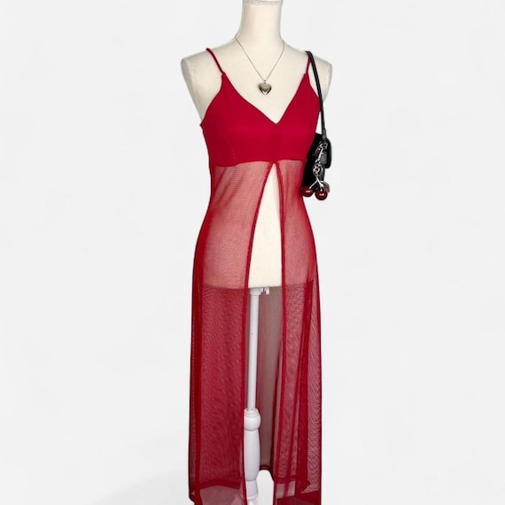 Red mesh overlay y2k long open front tank - image 1