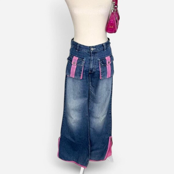 2000s Rave Style Pink Mesh Detail Flare Denim Jeans - Gem