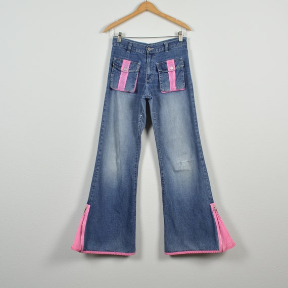 2000s Rave Style Pink Mesh Detail Flare Denim Jeans - Gem