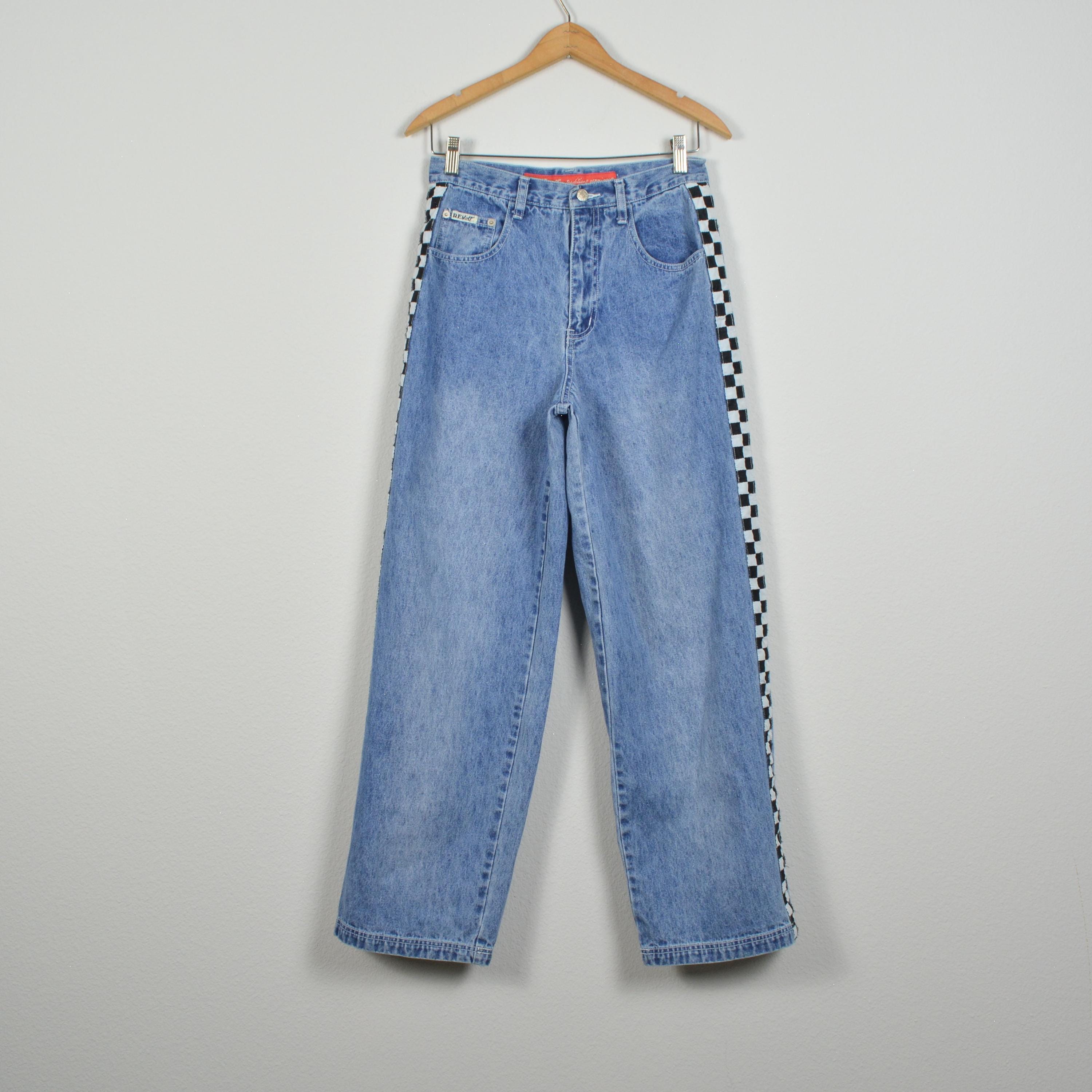 Jeans vintage denim a gamba larga con dettagli a scacchi revolt