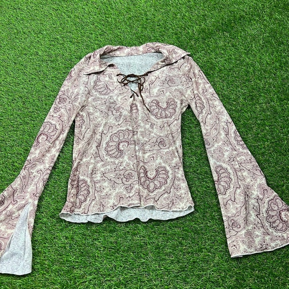 2000s paisley print lace up front bell sleeve blo… - image 3