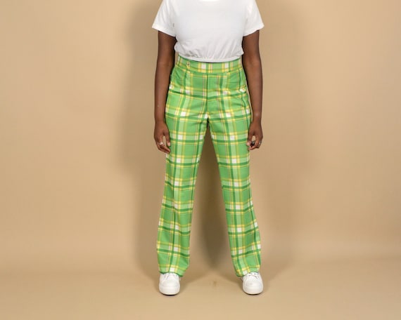 70s Green Size 31 Plaid Vintage Pants - image 1