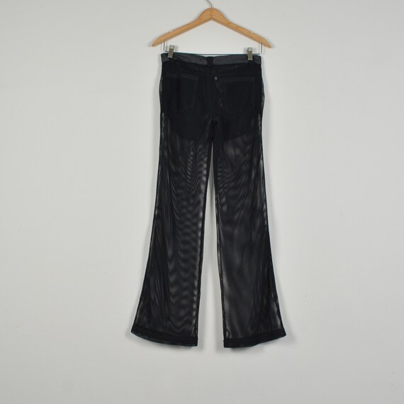Vintage 90s/Y2K Black Button Fly Mesh Flare Pants - image 3