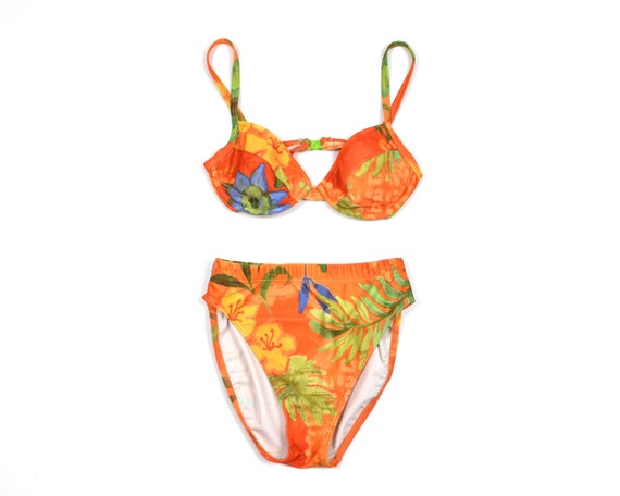 90s Printed Orange Floral Two Piece Swimsuit