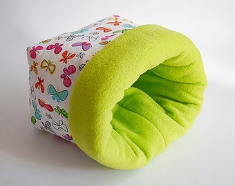 XXL hedgehog snuggle sack, guinea pig sleeping bag, sugar glider pouch, bonding bag, hedgehog bed, pet cuddle sack (butterflies/lime green)