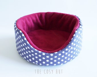 hedgehog bed, guinea pig bed, cosy cuddle cup, pet bed, fleece sofa, absorbent pee pad (points on grey/berry)
