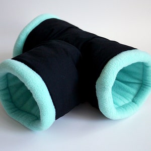 hedgehog tunnel, guinea pig cuddle tunnel, hedgehog tube, cosy fleece tunnel, snuggle tunnel, T-tunnel (black/pastel blue)