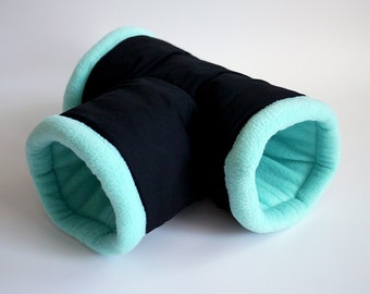 hedgehog tunnel, guinea pig cuddle tunnel, hedgehog tube, cosy fleece tunnel, snuggle tunnel, T-tunnel (black/pastel blue)