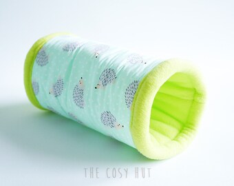 hedgehog tunnel, guinea pig cuddle tunnel, hedgehog tube, cosy fleece tunnel, snuggle tunnel (hedgehogs on blue/lime green)