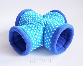 hedgehog tunnel, guinea pig cuddle tunnel, hedgehog tube, cosy fleece tunnel, snuggle tunnel, X-tunnel (points on turquoise/royal blue)