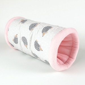 hedgehog tunnel, guinea pig cuddle tunnel, hedgehog tube, cosy fleece tunnel, snuggle tunnel (hedgehogs on grey/rose)