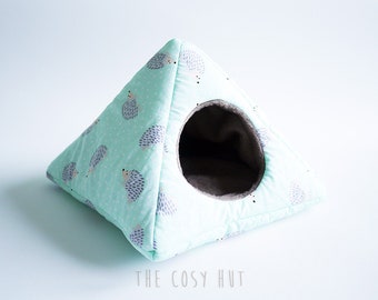 hedgehog tent, guinea pig bed, hedgehog house, hedgehog teepee, hedgehog hidey hut, hedgehog bed, pet bedding (hedgehogs on blue/coyote)