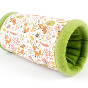 hedgehog tunnel, guinea pig cuddle tunnel, hedgehog tube, cosy fleece tunnel, snuggle tunnel (foxes/leaf-green)