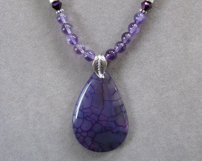 Pendentif Coeur En Agate Violet Et Vert 4,3 Cm - Style Veines De Dragon - Neuf Sans Emballage
