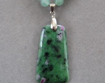 Ruby in Fuchsite Pendant Necklace: Green Stone & Jade Beads
