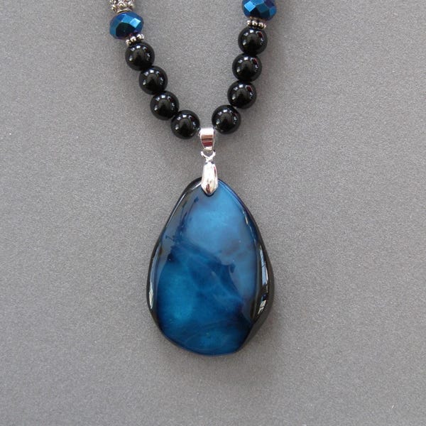 Black and Blue Fire Agate Pendant Necklace: Teardrop Agate Beads, Adjustable