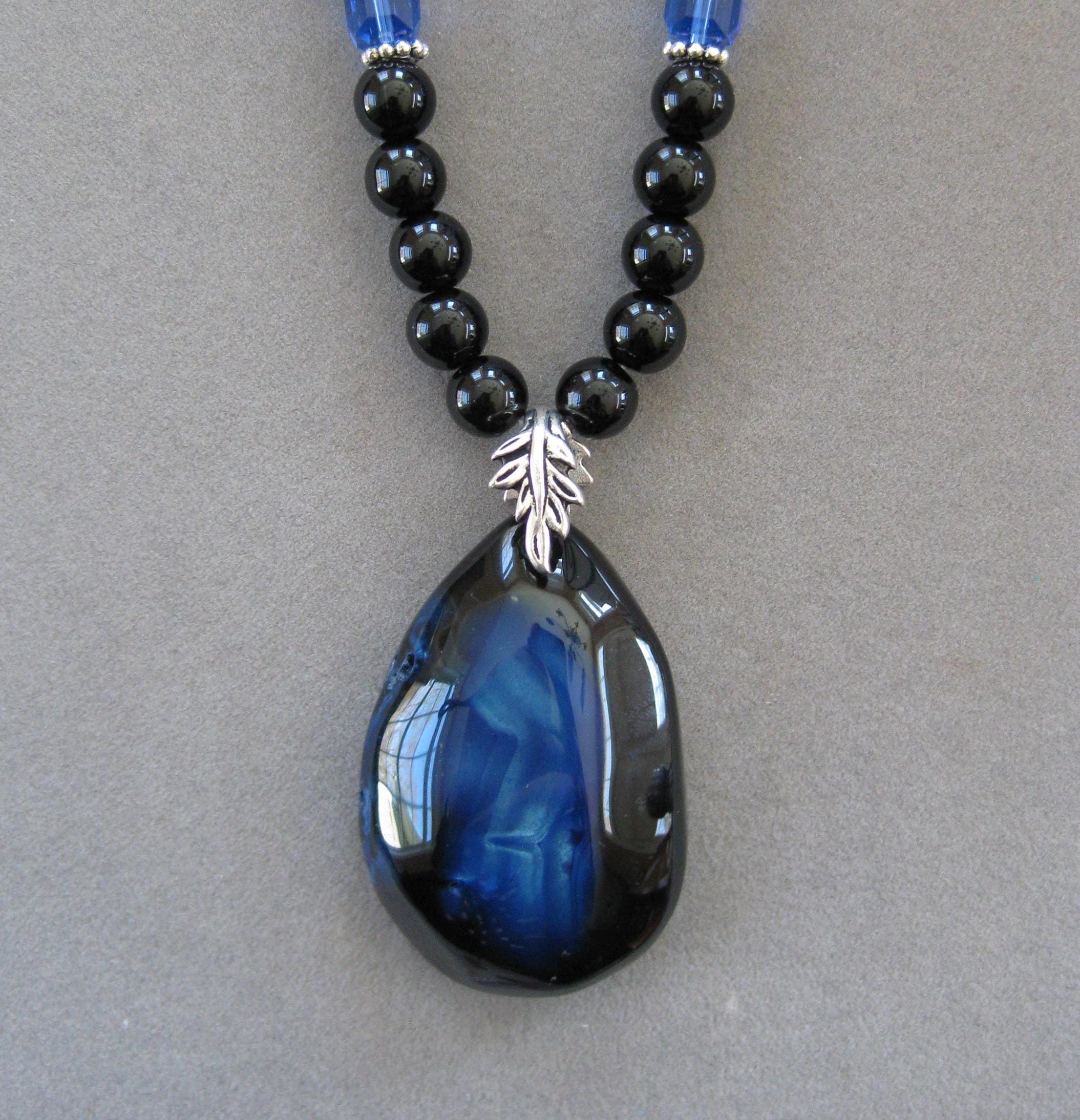 Lovely Black and Blue Fire Agate Pendant Necklace with Black Agate Beads