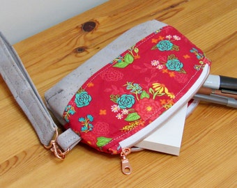 Cute Red Floral Handmade Cotton and Cork Wristlet | Wrist Wallet | FREE SHIPPING!