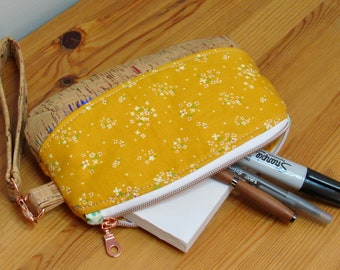 Cute Yellow Floral Handmade Cotton and Cork Wristlet | Wrist Wallet | FREE SHIPPING!