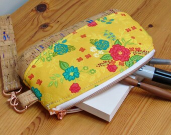 Cute Yellow Floral Handmade Cotton and Cork Wristlet | Wrist Wallet | FREE SHIPPING!