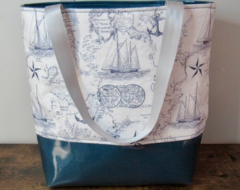 Delightful Nautical and Sparkly Blue Vinyl Tote| Library Tote Bag | FREE SHIPPING!