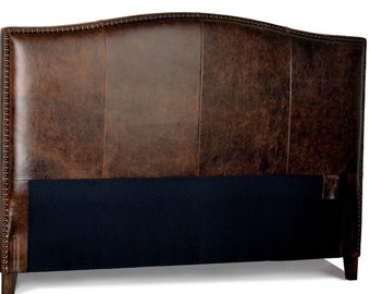 Queen Size Antique brown Leather headboard for Bed with Distressed Nail Heads