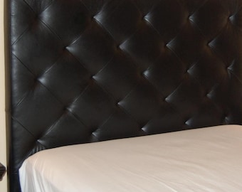 Modern Queen Size Diamond, Tufted Black Genuine Leather Bed