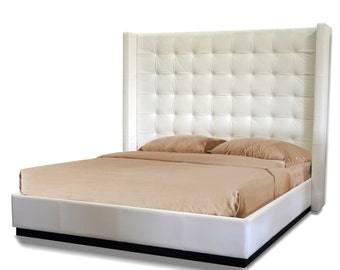 Wing Platform King size Bed in White Genuine Leather with Button Tufting