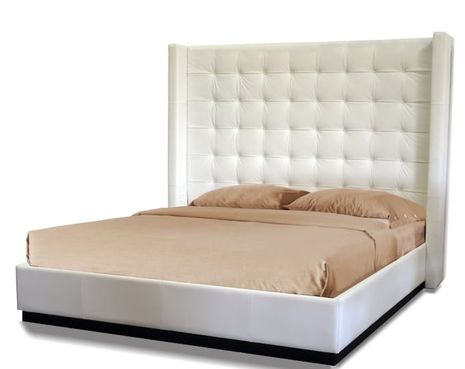 Featured listing image: Wing Platform King size Bed in White Genuine Leather with Button Tufting