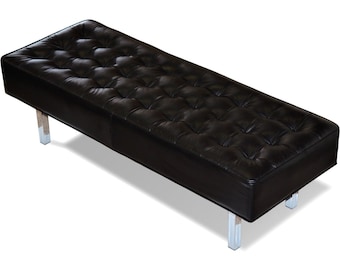 Contemporary Black Genuine Leather, Buttonless Tufted Dining Bench, Ottoman w/ Chrome Legs