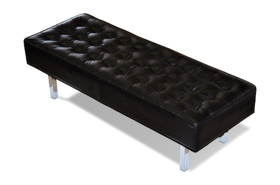 Contemporary Black Genuine Leather Buttonless Tufted Dining Bench
