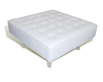 Contemporary & Modern White Genuine Leather Tufted Bench/Ottoman with Chrome Legs