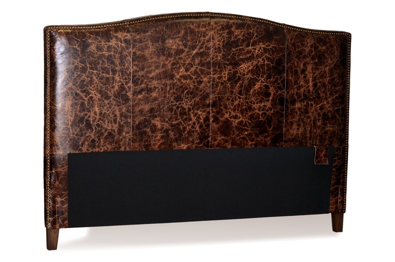 King Size Old World Rustic Brown Leather headboard for Bed with Brass Nail Head Trim