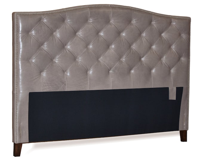 Featured listing image: Queen Size Grey Genuine Leather, Diamond Tufted Headboard with Pewter Nail Heads